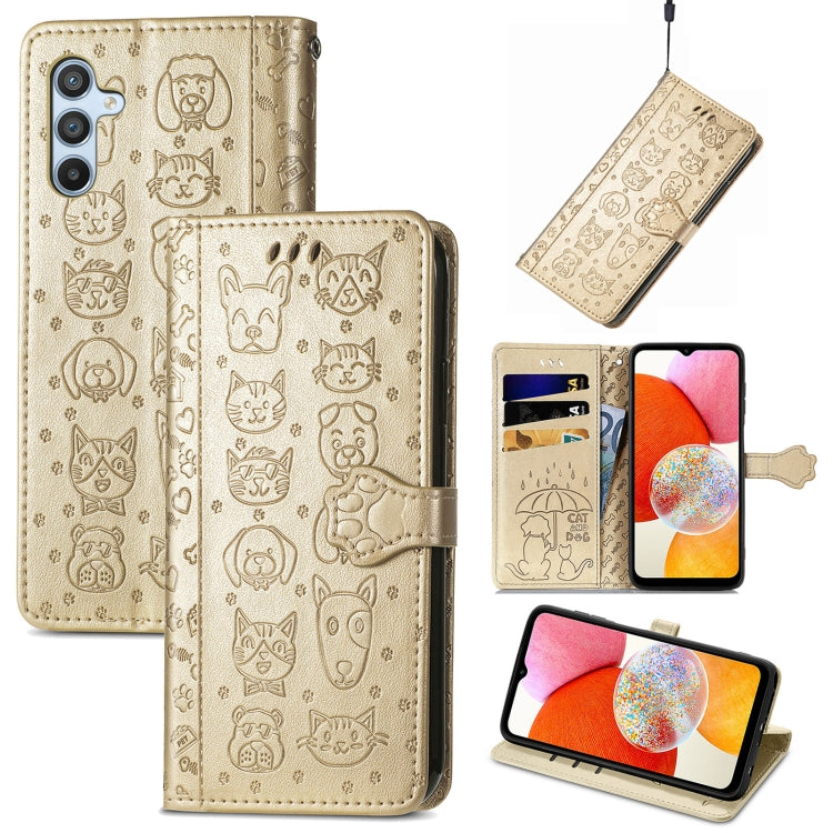 Cat and Dog Embossed Phone Leather Phone Case, For Infinix Note 12 G96, For Kyocera Android One S10, For OnePlus Ace 2, For Realme C55, For Tecno Pova Neo 5G, For vivo S15e, For Samsung Galaxy A14 4G, For Samsung Galaxy A34 5G