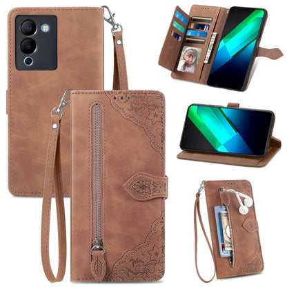 Embossed Flower Zipper Leather Phone Case, For Infinix Note 12 G96, For OnePlus Ace 2, For Tecno Pova Neo 5G, For vivo S15e, For ZTE Blade A52, For Samsung Galaxy A14 4G, For Samsung Galaxy A34 5G