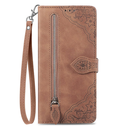 Embossed Flower Zipper Leather Phone Case, For Infinix Note 12 G96, For OnePlus Ace 2, For Tecno Pova Neo 5G, For vivo S15e, For ZTE Blade A52, For Samsung Galaxy A14 4G, For Samsung Galaxy A34 5G