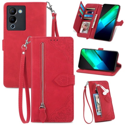 Embossed Flower Zipper Leather Phone Case, For Infinix Note 12 G96, For OnePlus Ace 2, For Tecno Pova Neo 5G, For vivo S15e, For ZTE Blade A52, For Samsung Galaxy A14 4G, For Samsung Galaxy A34 5G