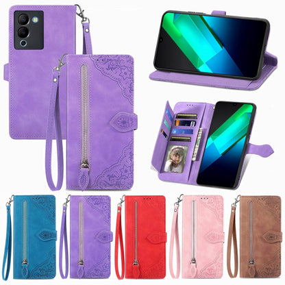 Embossed Flower Zipper Leather Phone Case, For Infinix Note 12 G96, For OnePlus Ace 2, For Tecno Pova Neo 5G, For vivo S15e, For ZTE Blade A52, For Samsung Galaxy A14 4G, For Samsung Galaxy A34 5G