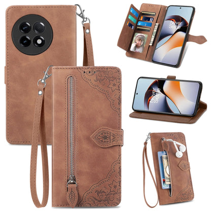 Embossed Flower Zipper Leather Phone Case, For Infinix Note 12 G96, For OnePlus Ace 2, For Tecno Pova Neo 5G, For vivo S15e, For ZTE Blade A52, For Samsung Galaxy A14 4G, For Samsung Galaxy A34 5G
