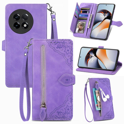 Embossed Flower Zipper Leather Phone Case, For Infinix Note 12 G96, For OnePlus Ace 2, For Tecno Pova Neo 5G, For vivo S15e, For ZTE Blade A52, For Samsung Galaxy A14 4G, For Samsung Galaxy A34 5G