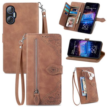 Embossed Flower Zipper Leather Phone Case, For Infinix Note 12 G96, For OnePlus Ace 2, For Tecno Pova Neo 5G, For vivo S15e, For ZTE Blade A52, For Samsung Galaxy A14 4G, For Samsung Galaxy A34 5G