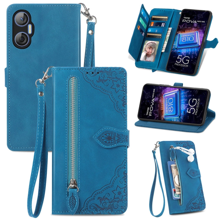 Embossed Flower Zipper Leather Phone Case, For Infinix Note 12 G96, For OnePlus Ace 2, For Tecno Pova Neo 5G, For vivo S15e, For ZTE Blade A52, For Samsung Galaxy A14 4G, For Samsung Galaxy A34 5G