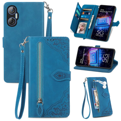Embossed Flower Zipper Leather Phone Case, For Infinix Note 12 G96, For OnePlus Ace 2, For Tecno Pova Neo 5G, For vivo S15e, For ZTE Blade A52, For Samsung Galaxy A14 4G, For Samsung Galaxy A34 5G