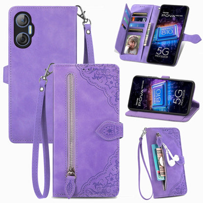 Embossed Flower Zipper Leather Phone Case, For Infinix Note 12 G96, For OnePlus Ace 2, For Tecno Pova Neo 5G, For vivo S15e, For ZTE Blade A52, For Samsung Galaxy A14 4G, For Samsung Galaxy A34 5G