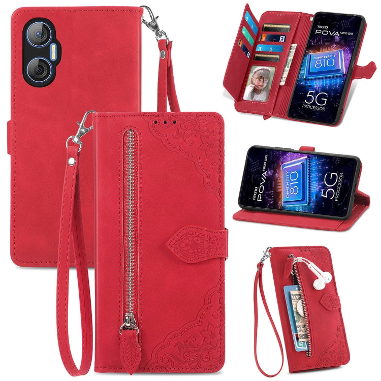 Embossed Flower Zipper Leather Phone Case, For Infinix Note 12 G96, For OnePlus Ace 2, For Tecno Pova Neo 5G, For vivo S15e, For ZTE Blade A52, For Samsung Galaxy A14 4G, For Samsung Galaxy A34 5G