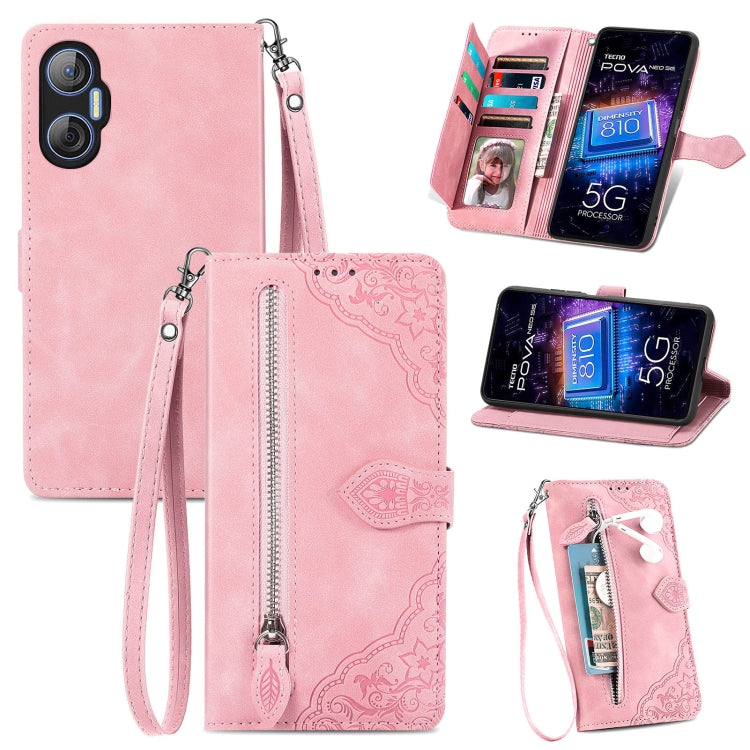 Embossed Flower Zipper Leather Phone Case, For Infinix Note 12 G96, For OnePlus Ace 2, For Tecno Pova Neo 5G, For vivo S15e, For ZTE Blade A52, For Samsung Galaxy A14 4G, For Samsung Galaxy A34 5G