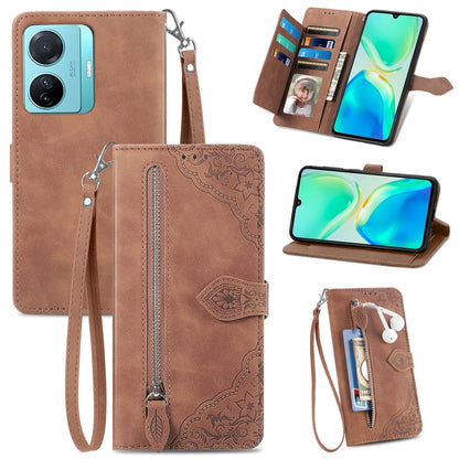 Embossed Flower Zipper Leather Phone Case, For Infinix Note 12 G96, For OnePlus Ace 2, For Tecno Pova Neo 5G, For vivo S15e, For ZTE Blade A52, For Samsung Galaxy A14 4G, For Samsung Galaxy A34 5G