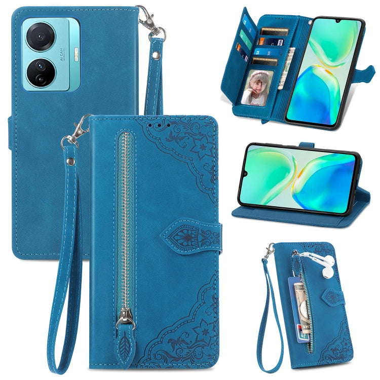 Embossed Flower Zipper Leather Phone Case, For Infinix Note 12 G96, For OnePlus Ace 2, For Tecno Pova Neo 5G, For vivo S15e, For ZTE Blade A52, For Samsung Galaxy A14 4G, For Samsung Galaxy A34 5G