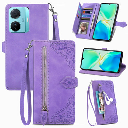 Embossed Flower Zipper Leather Phone Case, For Infinix Note 12 G96, For OnePlus Ace 2, For Tecno Pova Neo 5G, For vivo S15e, For ZTE Blade A52, For Samsung Galaxy A14 4G, For Samsung Galaxy A34 5G