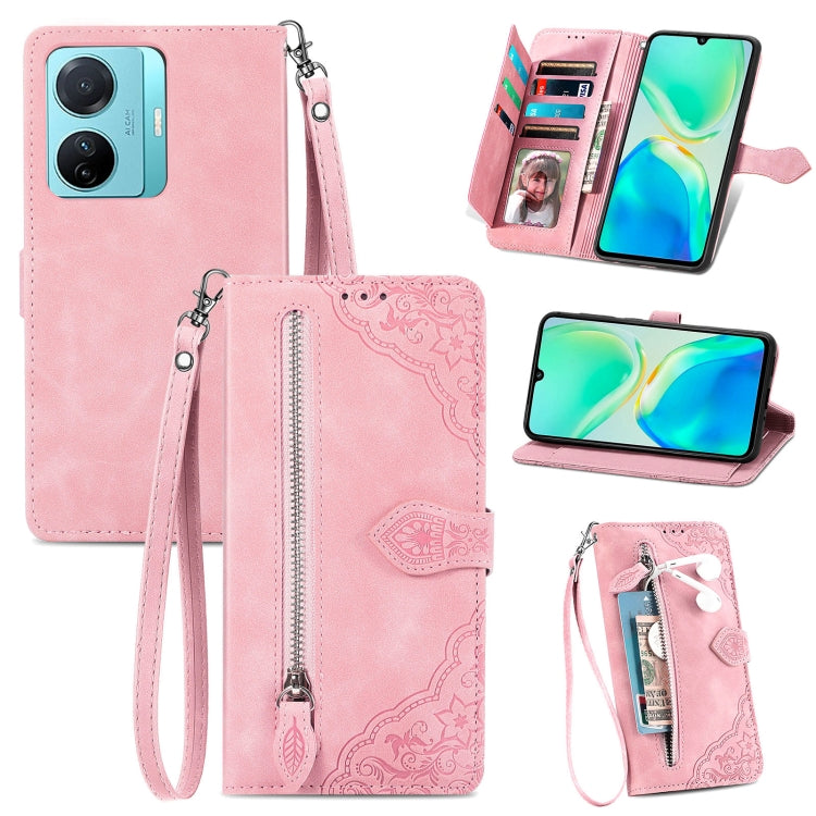Embossed Flower Zipper Leather Phone Case, For Infinix Note 12 G96, For OnePlus Ace 2, For Tecno Pova Neo 5G, For vivo S15e, For ZTE Blade A52, For Samsung Galaxy A14 4G, For Samsung Galaxy A34 5G