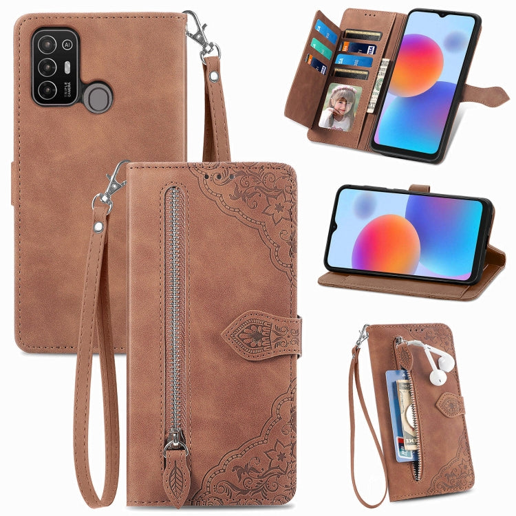 Embossed Flower Zipper Leather Phone Case, For Infinix Note 12 G96, For OnePlus Ace 2, For Tecno Pova Neo 5G, For vivo S15e, For ZTE Blade A52, For Samsung Galaxy A14 4G, For Samsung Galaxy A34 5G