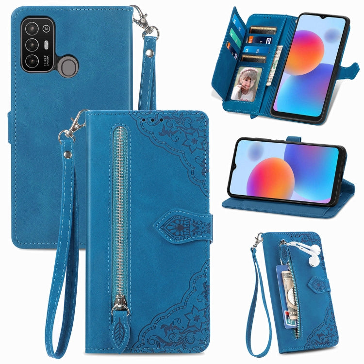 Embossed Flower Zipper Leather Phone Case, For Infinix Note 12 G96, For OnePlus Ace 2, For Tecno Pova Neo 5G, For vivo S15e, For ZTE Blade A52, For Samsung Galaxy A14 4G, For Samsung Galaxy A34 5G