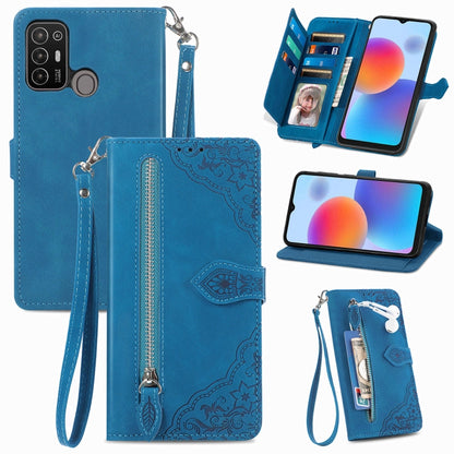 Embossed Flower Zipper Leather Phone Case, For Infinix Note 12 G96, For OnePlus Ace 2, For Tecno Pova Neo 5G, For vivo S15e, For ZTE Blade A52, For Samsung Galaxy A14 4G, For Samsung Galaxy A34 5G