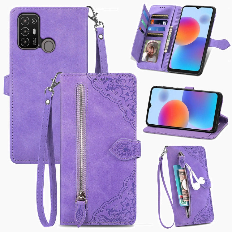 Embossed Flower Zipper Leather Phone Case, For Infinix Note 12 G96, For OnePlus Ace 2, For Tecno Pova Neo 5G, For vivo S15e, For ZTE Blade A52, For Samsung Galaxy A14 4G, For Samsung Galaxy A34 5G