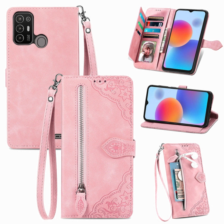 Embossed Flower Zipper Leather Phone Case, For Infinix Note 12 G96, For OnePlus Ace 2, For Tecno Pova Neo 5G, For vivo S15e, For ZTE Blade A52, For Samsung Galaxy A14 4G, For Samsung Galaxy A34 5G