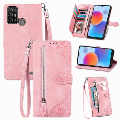 Embossed Flower Zipper Leather Phone Case, For Infinix Note 12 G96, For OnePlus Ace 2, For Tecno Pova Neo 5G, For vivo S15e, For ZTE Blade A52, For Samsung Galaxy A14 4G, For Samsung Galaxy A34 5G