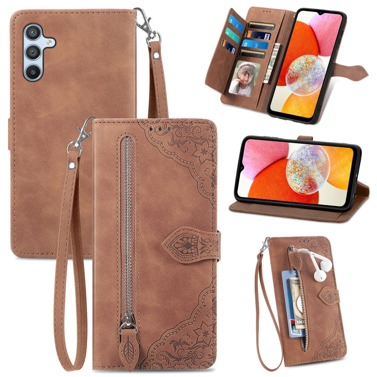 Embossed Flower Zipper Leather Phone Case, For Infinix Note 12 G96, For OnePlus Ace 2, For Tecno Pova Neo 5G, For vivo S15e, For ZTE Blade A52, For Samsung Galaxy A14 4G, For Samsung Galaxy A34 5G