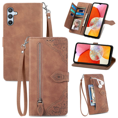 Embossed Flower Zipper Leather Phone Case, For Infinix Note 12 G96, For OnePlus Ace 2, For Tecno Pova Neo 5G, For vivo S15e, For ZTE Blade A52, For Samsung Galaxy A14 4G, For Samsung Galaxy A34 5G