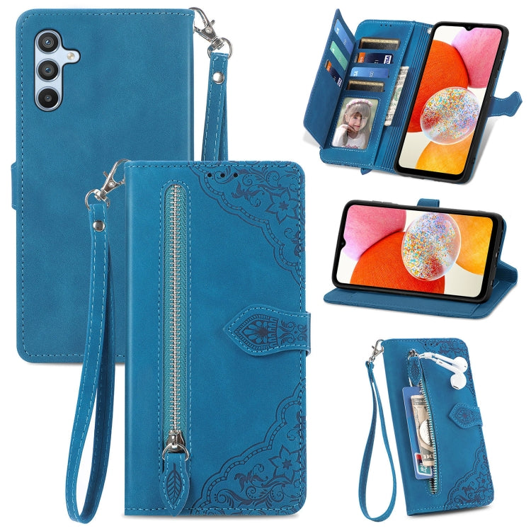 Embossed Flower Zipper Leather Phone Case, For Infinix Note 12 G96, For OnePlus Ace 2, For Tecno Pova Neo 5G, For vivo S15e, For ZTE Blade A52, For Samsung Galaxy A14 4G, For Samsung Galaxy A34 5G