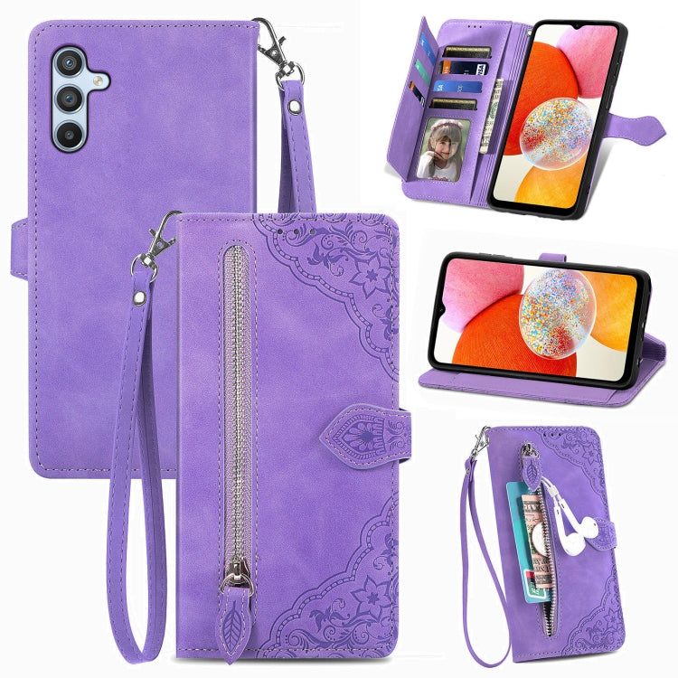 Embossed Flower Zipper Leather Phone Case, For Infinix Note 12 G96, For OnePlus Ace 2, For Tecno Pova Neo 5G, For vivo S15e, For ZTE Blade A52, For Samsung Galaxy A14 4G, For Samsung Galaxy A34 5G