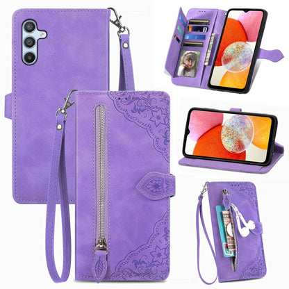 Embossed Flower Zipper Leather Phone Case, For Infinix Note 12 G96, For OnePlus Ace 2, For Tecno Pova Neo 5G, For vivo S15e, For ZTE Blade A52, For Samsung Galaxy A14 4G, For Samsung Galaxy A34 5G