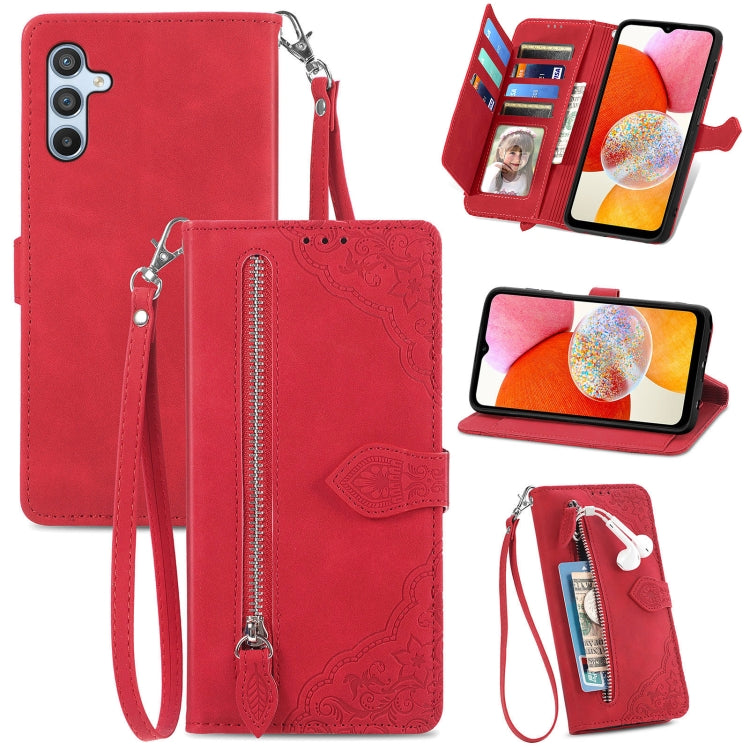 Embossed Flower Zipper Leather Phone Case, For Infinix Note 12 G96, For OnePlus Ace 2, For Tecno Pova Neo 5G, For vivo S15e, For ZTE Blade A52, For Samsung Galaxy A14 4G, For Samsung Galaxy A34 5G
