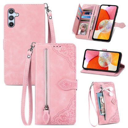 Embossed Flower Zipper Leather Phone Case, For Infinix Note 12 G96, For OnePlus Ace 2, For Tecno Pova Neo 5G, For vivo S15e, For ZTE Blade A52, For Samsung Galaxy A14 4G, For Samsung Galaxy A34 5G