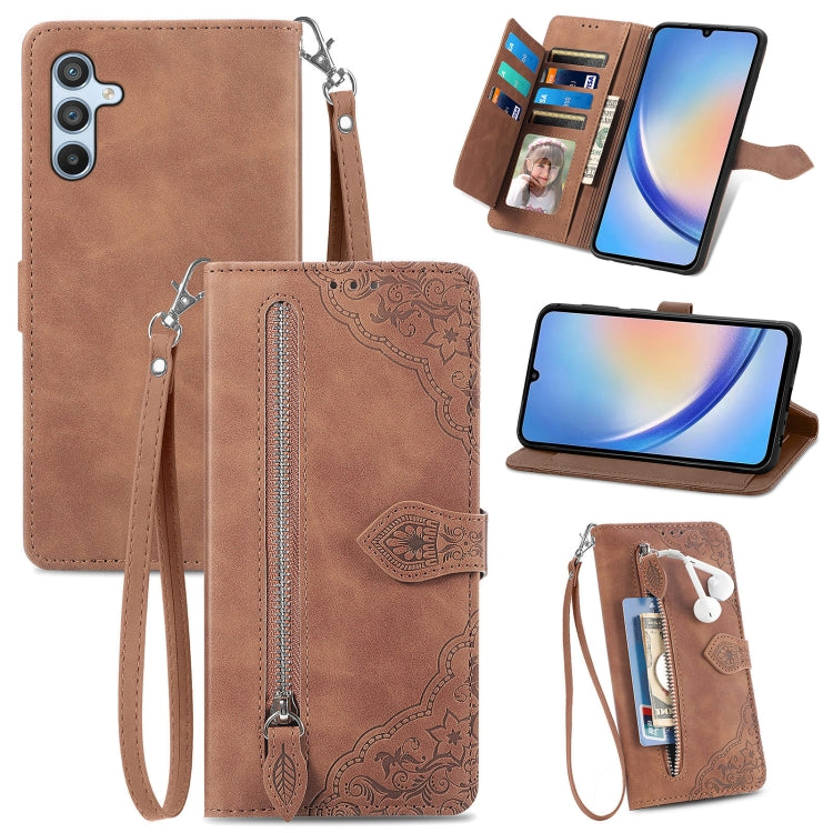Embossed Flower Zipper Leather Phone Case, For Infinix Note 12 G96, For OnePlus Ace 2, For Tecno Pova Neo 5G, For vivo S15e, For ZTE Blade A52, For Samsung Galaxy A14 4G, For Samsung Galaxy A34 5G