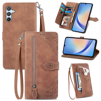 Embossed Flower Zipper Leather Phone Case, For Infinix Note 12 G96, For OnePlus Ace 2, For Tecno Pova Neo 5G, For vivo S15e, For ZTE Blade A52, For Samsung Galaxy A14 4G, For Samsung Galaxy A34 5G