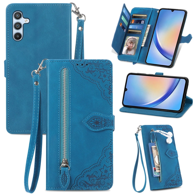 Embossed Flower Zipper Leather Phone Case, For Infinix Note 12 G96, For OnePlus Ace 2, For Tecno Pova Neo 5G, For vivo S15e, For ZTE Blade A52, For Samsung Galaxy A14 4G, For Samsung Galaxy A34 5G