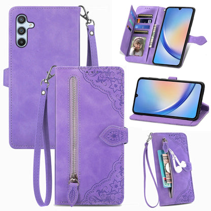 Embossed Flower Zipper Leather Phone Case, For Infinix Note 12 G96, For OnePlus Ace 2, For Tecno Pova Neo 5G, For vivo S15e, For ZTE Blade A52, For Samsung Galaxy A14 4G, For Samsung Galaxy A34 5G