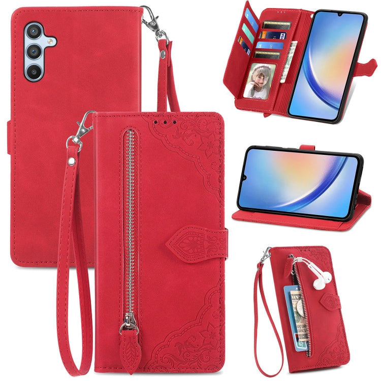 Embossed Flower Zipper Leather Phone Case, For Infinix Note 12 G96, For OnePlus Ace 2, For Tecno Pova Neo 5G, For vivo S15e, For ZTE Blade A52, For Samsung Galaxy A14 4G, For Samsung Galaxy A34 5G