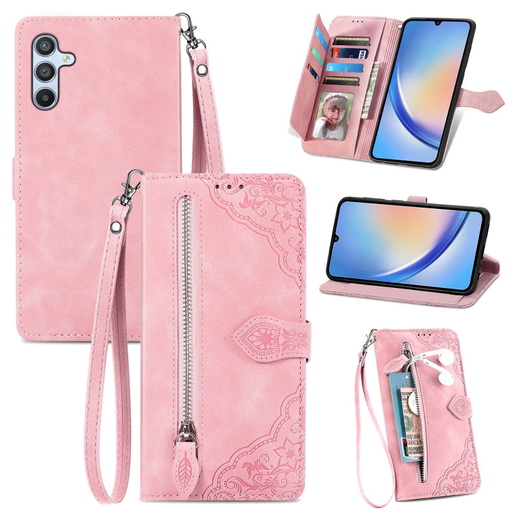 Embossed Flower Zipper Leather Phone Case, For Infinix Note 12 G96, For OnePlus Ace 2, For Tecno Pova Neo 5G, For vivo S15e, For ZTE Blade A52, For Samsung Galaxy A14 4G, For Samsung Galaxy A34 5G