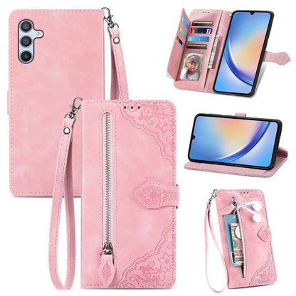 Embossed Flower Zipper Leather Phone Case, For Infinix Note 12 G96, For OnePlus Ace 2, For Tecno Pova Neo 5G, For vivo S15e, For ZTE Blade A52, For Samsung Galaxy A14 4G, For Samsung Galaxy A34 5G
