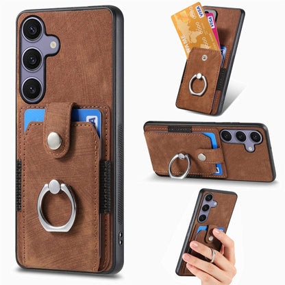 Retro Skin-feel Ring Card Wallet Phone Case, For Samsung Galaxy A57 5G, For Samsung Galaxy A37 5G, For Samsung Galaxy S25 Edge 5G, For Samsung Galaxy A56 5G, For Samsung Galaxy A36, For Samsung Galaxy S25 5G, For Samsung Galaxy S25+ 5G                 ...