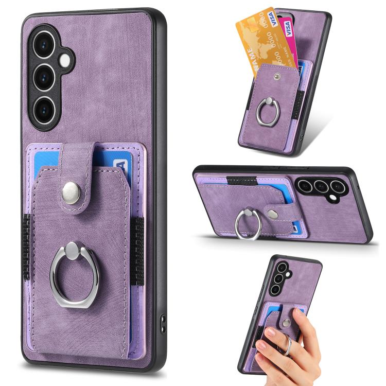 Retro Skin-feel Ring Card Wallet Phone Case, For Samsung Galaxy A57 5G, For Samsung Galaxy A37 5G, For Samsung Galaxy S25 Edge 5G, For Samsung Galaxy A56 5G, For Samsung Galaxy A36, For Samsung Galaxy S25 5G, For Samsung Galaxy S25+ 5G                 ...