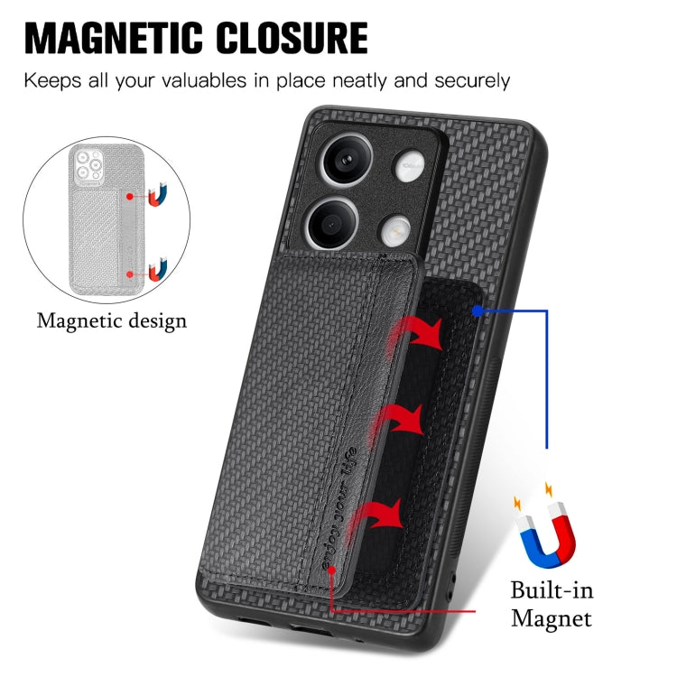 Carbon Fiber Magnetic Card Bag Phone Case, For Redmi Note 13 5G, For Redmi Note 13 Pro 5G, For Redmi Note 12 5G, For Redmi 12C, For Xiaomi 13 Pro, For Xiaomi 13, For Xiaomi Poco M5 4G, For Redmi Note 11T Pro 5G, For Redmi Note 10 4G