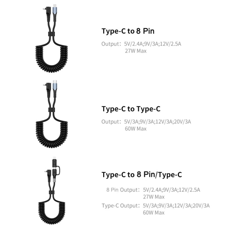 ENKAY 3A Elbow Expansion Spring Coiled Fast Chrging Data Cable, Length: 1.5m, Type-C to Type-C, Type-C to 8 Pin