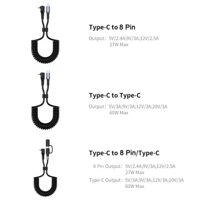 ENKAY 3A Elbow Expansion Spring Coiled Fast Chrging Data Cable, Length: 1.5m, Type-C to Type-C, Type-C to 8 Pin