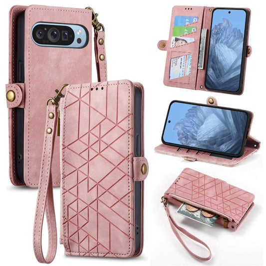 Geometric Zipper Wallet Side Buckle Leather Phone Case, For Google Pixel 9 / 9 Pro