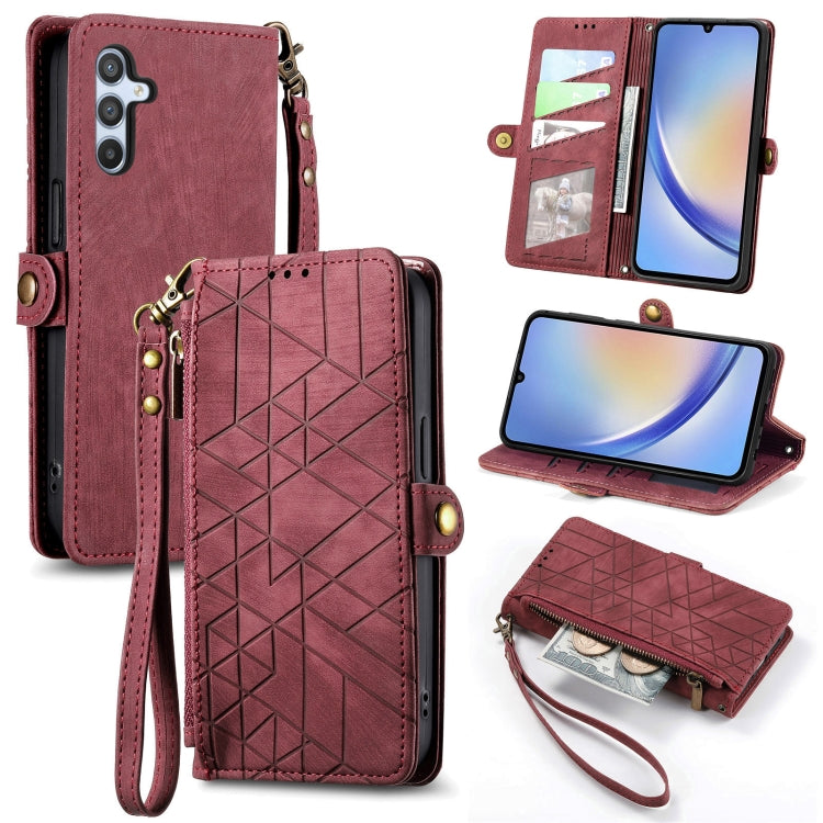 Étui de téléphone en cuir avec boucle latérale et portefeuille à fermeture éclair géométrique, pour Samsung Galaxy A30