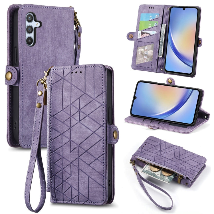 Étui de téléphone en cuir avec boucle latérale et portefeuille à fermeture éclair géométrique, pour Samsung Galaxy A30