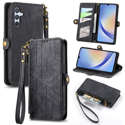 Étui de téléphone en cuir avec boucle latérale et portefeuille à fermeture éclair géométrique, pour Samsung Galaxy A30