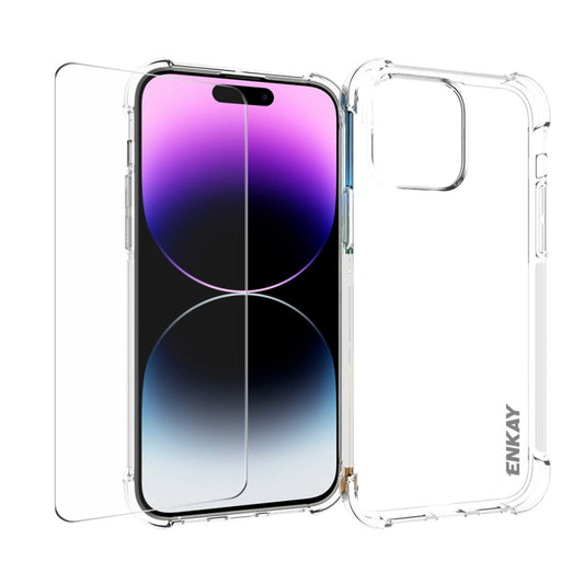 Coque de téléphone antichoc transparente en TPU ENKAY avec film en verre, Pour iPhone 15 Pro Max, Pour iPhone 14 Plus, Pour iPhone 15 Pro, Pour iPhone 14, Pour iPhone 14 Pro, Pour iPhone 15 Plus, Pour iPhone 14 Pro Max, Pour iPhone 15