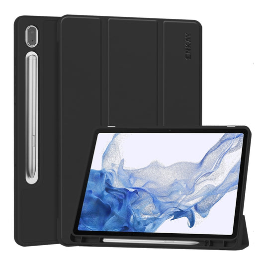 ENKAY Dreifach faltbare Custer-Leder-TPU-Boden-Smart-Hülle mit Stiftschlitz, für Samsung Galaxy Tab S9