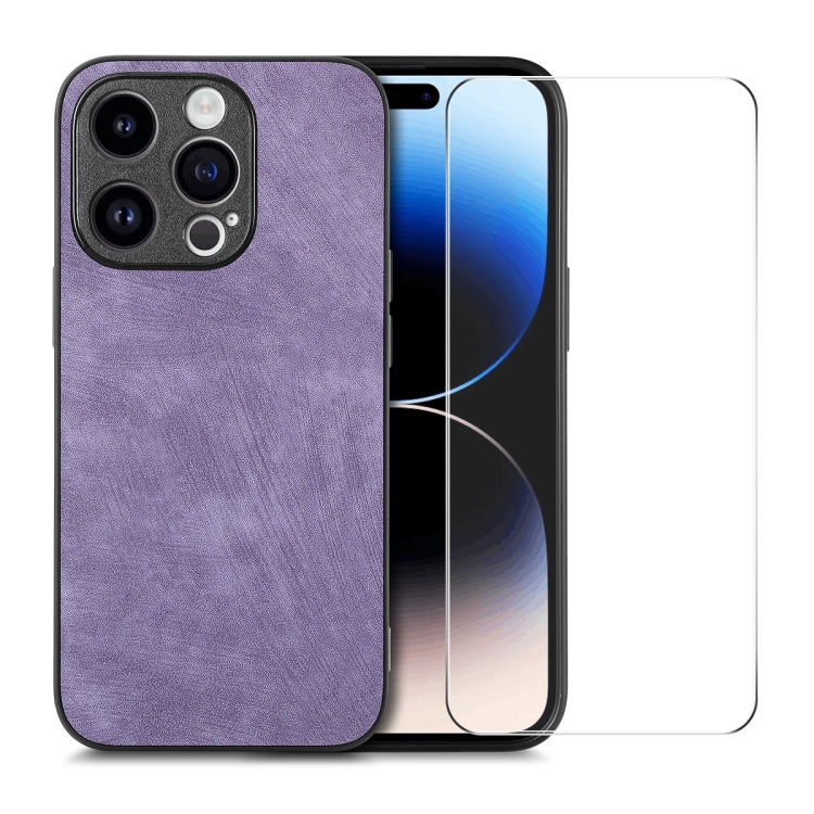 ENKAY Retro Leather Skin PC Phone Case with High Aluminum-silicon Glass Film, For iPhone 15 Pro Max, For iPhone 15 Pro, For iPhone 15 Plus, For iPhone 15, For iPhone 14 Plus, For iPhone 14, For iPhone 14 Pro, For iPhone 14 Pro Max