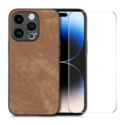 ENKAY Retro Leather Skin PC Phone Case with High Aluminum-silicon Glass Film, For iPhone 15 Pro Max, For iPhone 15 Pro, For iPhone 15 Plus, For iPhone 15, For iPhone 14 Plus, For iPhone 14, For iPhone 14 Pro, For iPhone 14 Pro Max